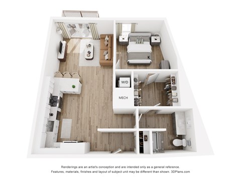 A 3D floor plan of a house with labeled rooms.